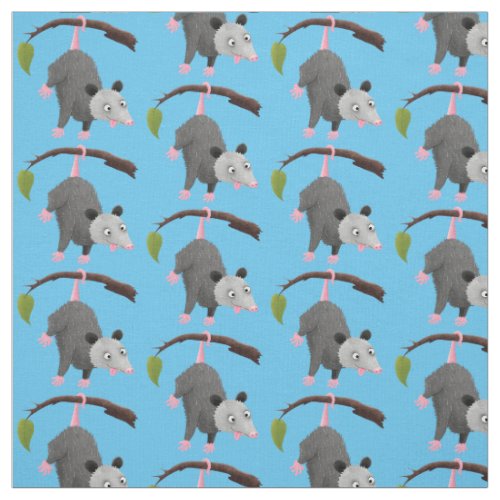 Cute funny opossum hanging from branch cartoon fabric
