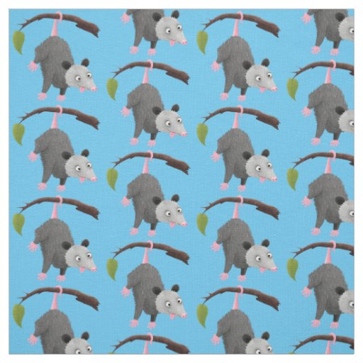 Cute funny opossum hanging from branch cartoon fabric