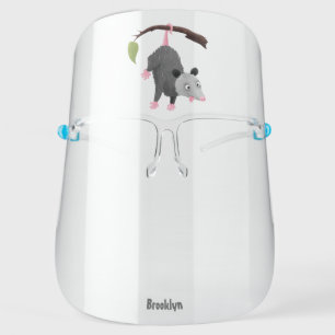 Cute funny opossum hanging from branch cartoon face shield