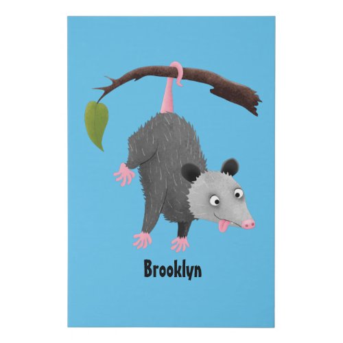 Cute funny opossum hanging from branch cartoon faux canvas print