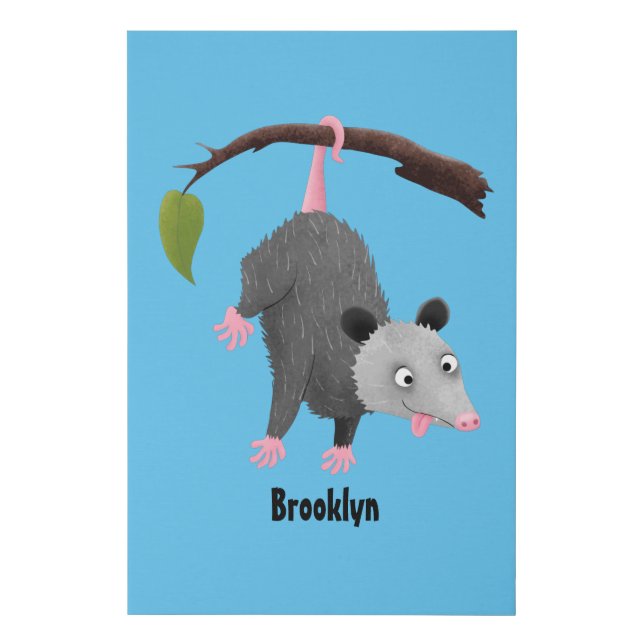 Cute funny opossum hanging from branch cartoon faux canvas print (Front)