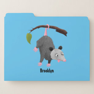 Cute funny opossum hanging from branch cartoon file folder