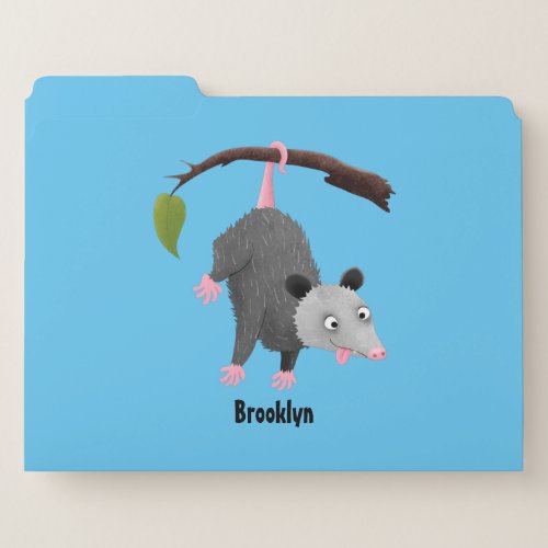 Cute funny opossum hanging from branch cartoon file folder