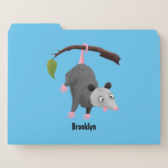 Cute funny opossum hanging from branch cartoon file folder (Front Left)