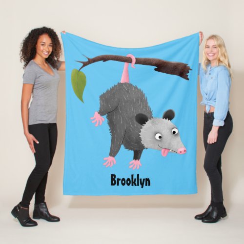 Cute funny opossum hanging from branch cartoon fleece blanket