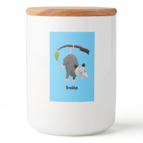 Cute funny opossum hanging from branch cartoon food label
