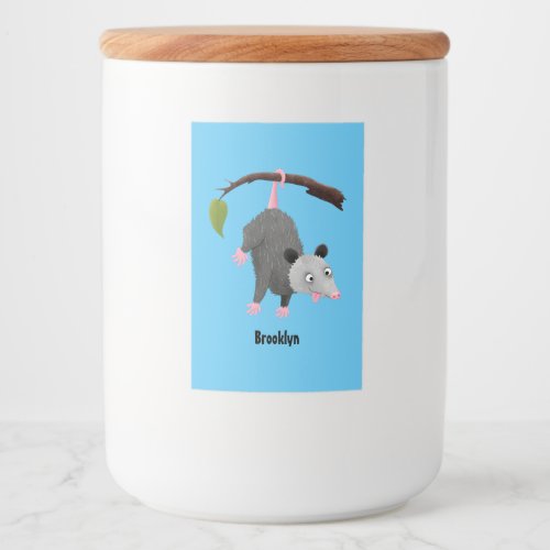 Cute funny opossum hanging from branch cartoon food label