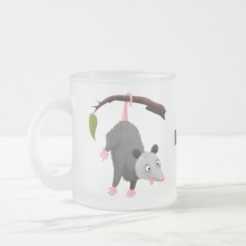 Cute funny opossum hanging from branch cartoon frosted glass coffee mug