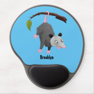 Cute funny opossum hanging from branch cartoon  gel mouse pad