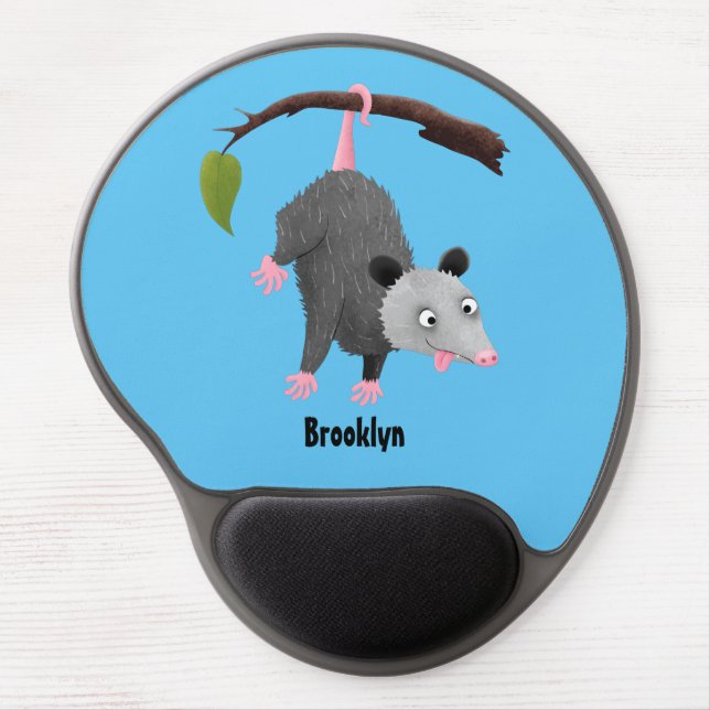 Cute funny opossum hanging from branch cartoon  gel mouse pad (Front)