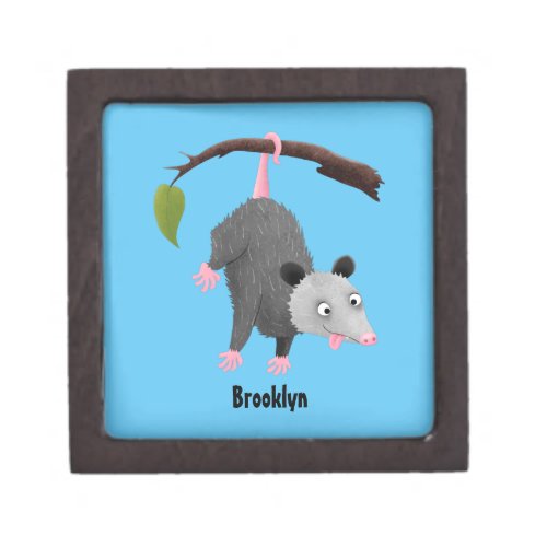 Cute funny opossum hanging from branch cartoon gift box