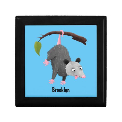 Cute funny opossum hanging from branch cartoon gift box