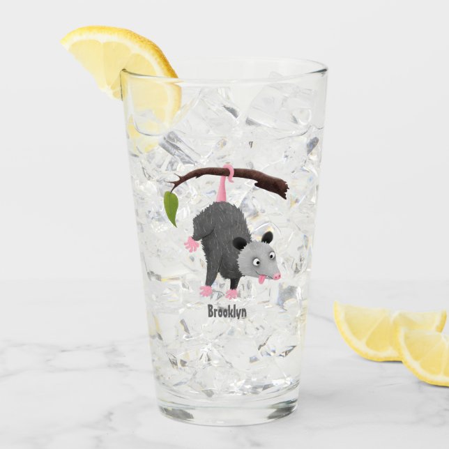 Cute funny opossum hanging from branch cartoon glass (Front Ice)
