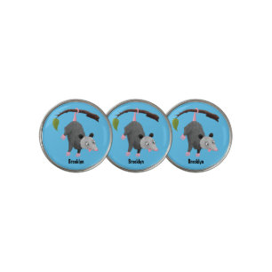 Cute funny opossum hanging from branch cartoon golf ball marker