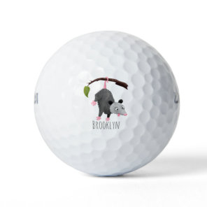 Cute funny opossum hanging from branch cartoon golf balls