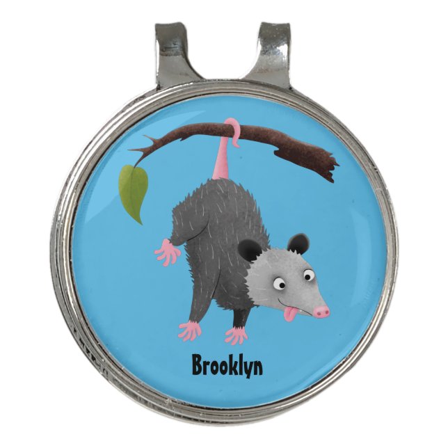 Cute funny opossum hanging from branch cartoon golf hat clip (Front)