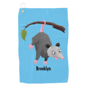 Cute funny opossum hanging from branch cartoon golf towel