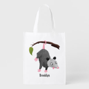 Cute funny opossum hanging from branch cartoon grocery bag