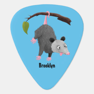 Cute funny opossum hanging from branch cartoon guitar pick