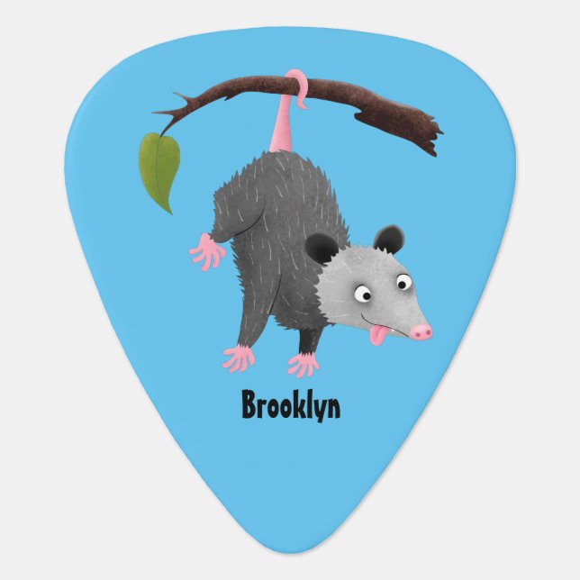 Cute funny opossum hanging from branch cartoon guitar pick (Front)