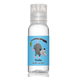 Cute funny opossum hanging from branch cartoon hand sanitizer