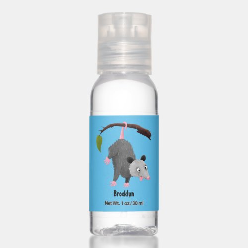 Cute funny opossum hanging from branch cartoon hand sanitizer