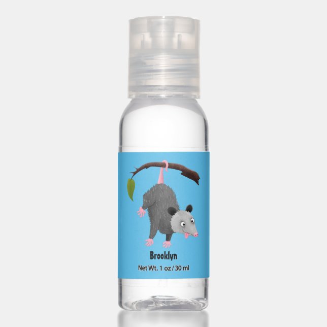 Cute funny opossum hanging from branch cartoon hand sanitizer (Front)