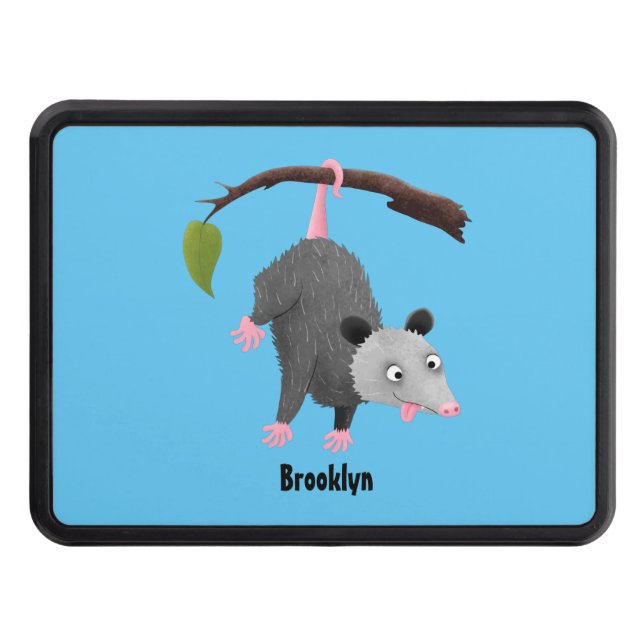 Cute funny opossum hanging from branch cartoon  hitch cover (Front)
