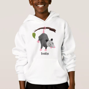 Cute funny opossum hanging from branch cartoon hoodie