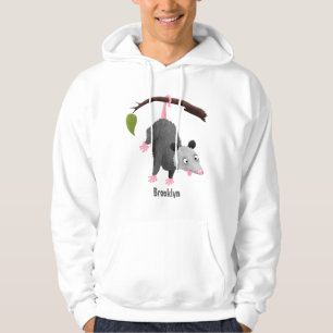 Cute funny opossum hanging from branch cartoon hoodie