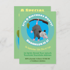Cute funny opossum hanging from branch cartoon inv invitation