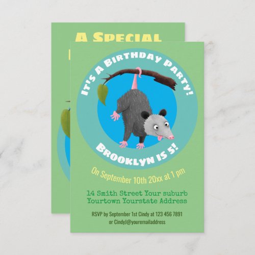 Cute funny opossum hanging from branch cartoon inv invitation