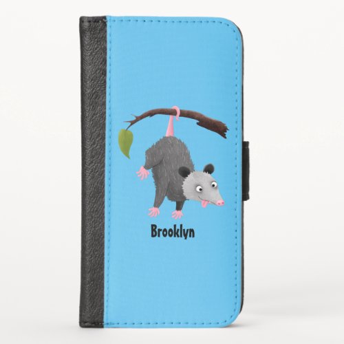 Cute funny opossum hanging from branch cartoon  iPhone x wallet case