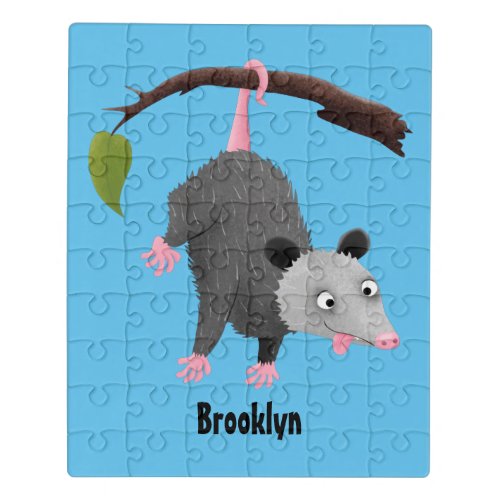Cute funny opossum hanging from branch cartoon jigsaw puzzle