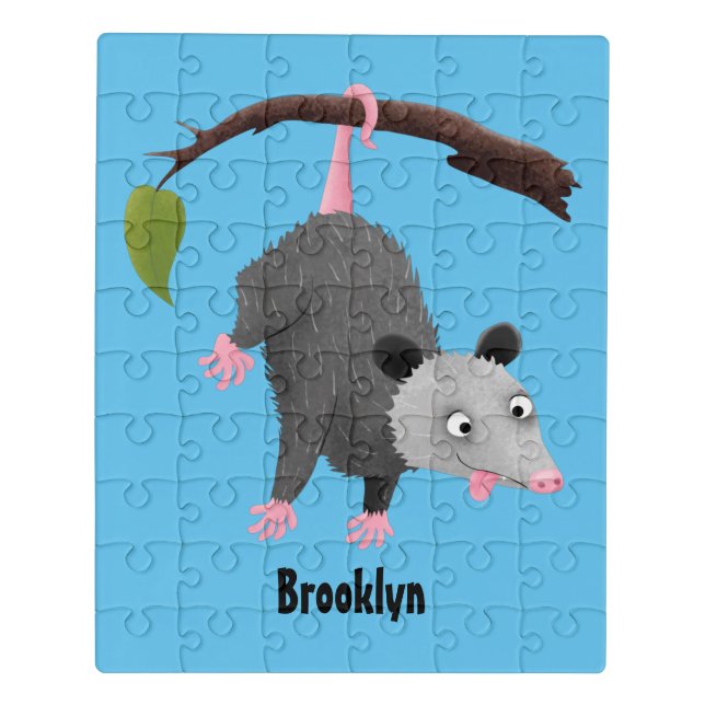 Cute funny opossum hanging from branch cartoon jigsaw puzzle (Puzzle Vertical)