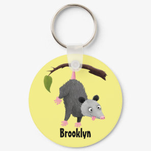 Cute funny opossum hanging from branch cartoon keychain