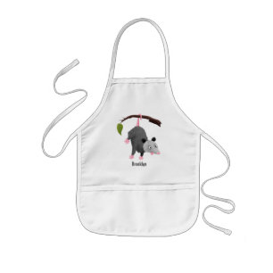 Cute funny opossum hanging from branch cartoon  kids' apron