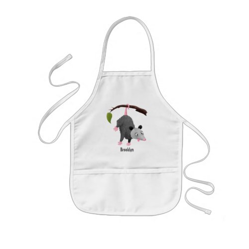 Cute funny opossum hanging from branch cartoon  kids apron