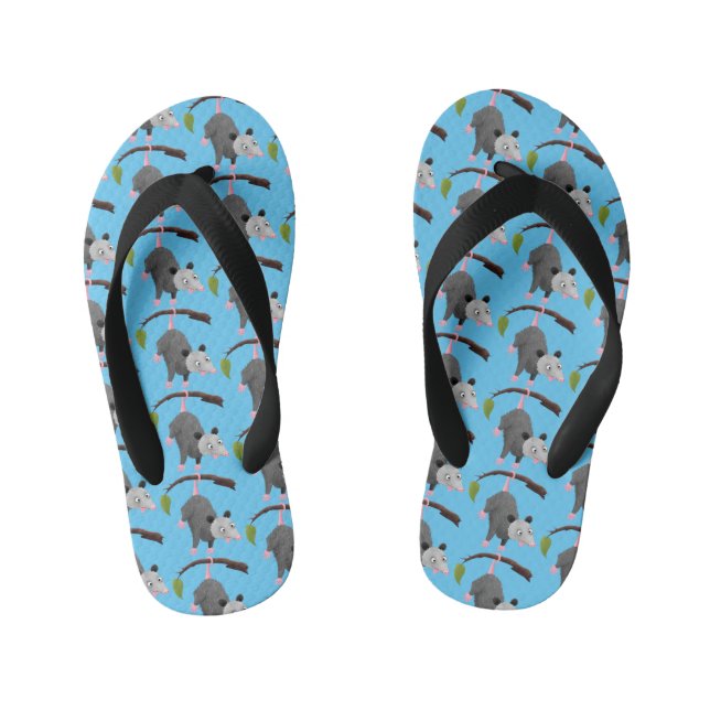 Cute funny opossum hanging from branch cartoon kid's flip flops (Footbed)