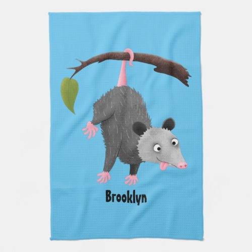 Cute funny opossum hanging from branch cartoon kitchen towel