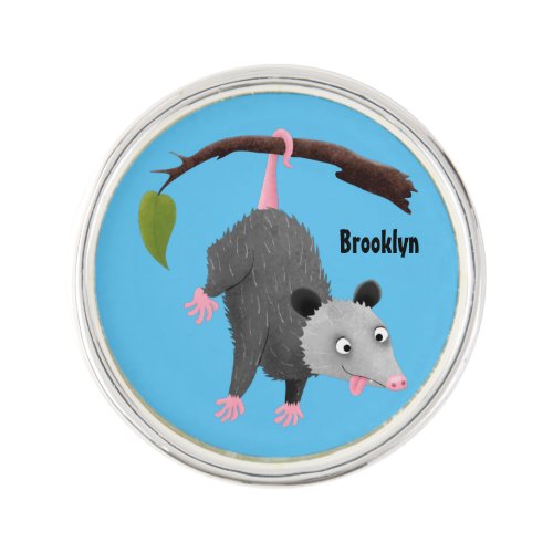 Cute funny opossum hanging from branch cartoon  lapel pin