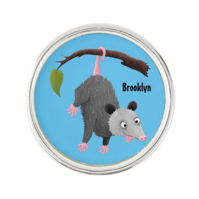 Cute funny opossum hanging from branch cartoon  lapel pin (Front)