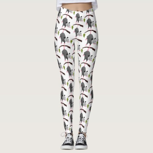 Cute funny opossum hanging from branch cartoon leggings