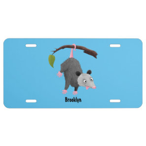 Cute funny opossum hanging from branch cartoon license plate