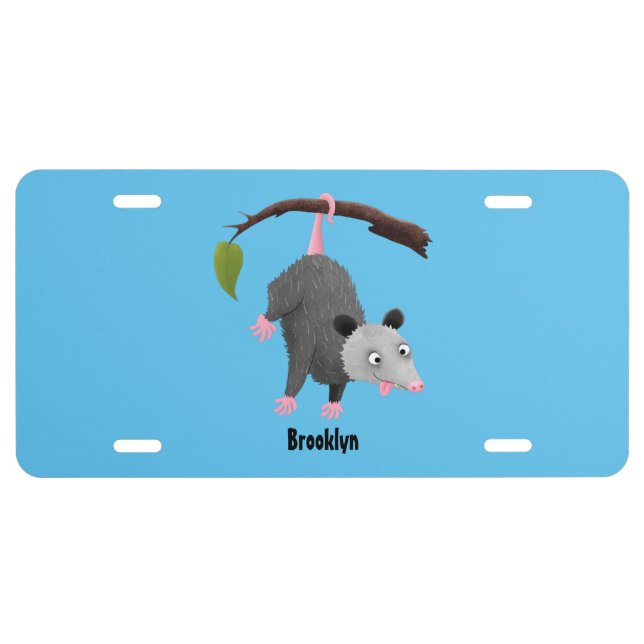 Cute funny opossum hanging from branch cartoon license plate (Front)