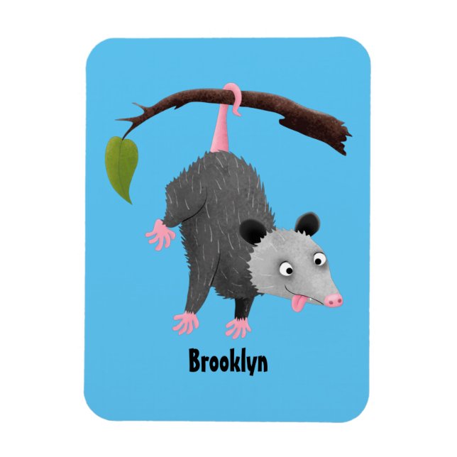 Cute funny opossum hanging from branch cartoon magnet (Vertical)