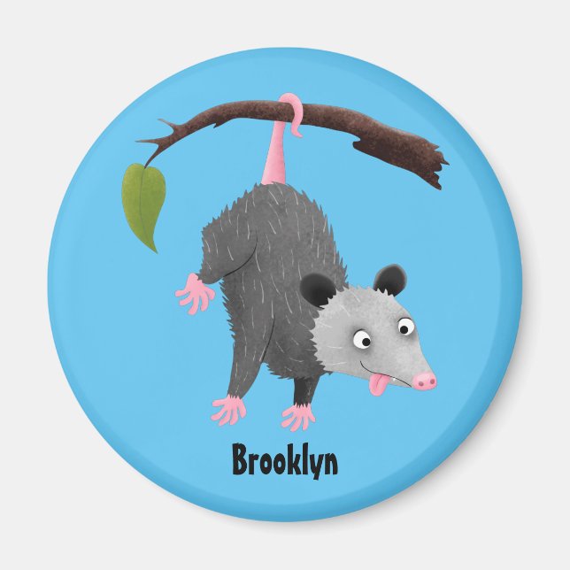 Cute funny opossum hanging from branch cartoon magnet (Front)