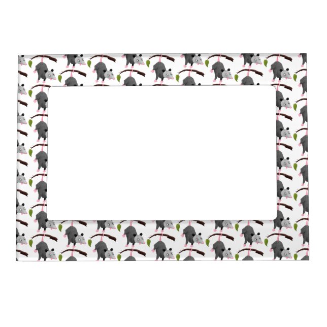 Cute funny opossum hanging from branch cartoon magnetic frame (Front)