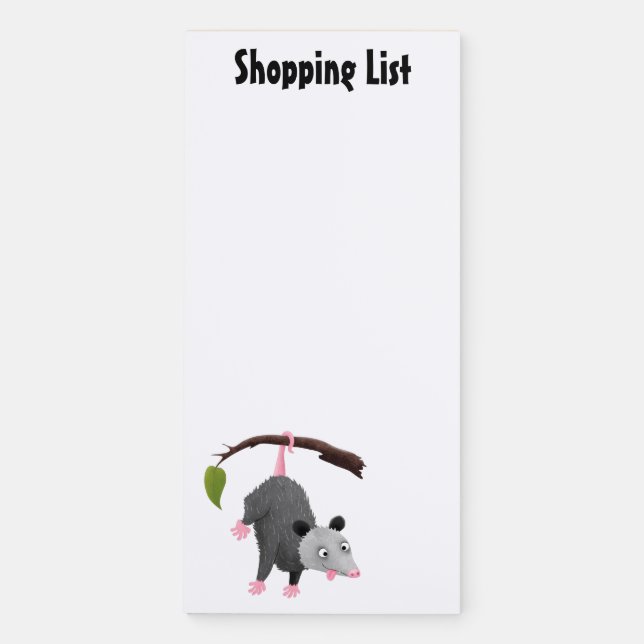 Cute funny opossum hanging from branch cartoon magnetic notepad (Front)
