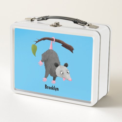 Cute funny opossum hanging from branch cartoon metal lunch box
